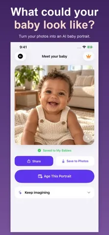 Baby Prediction App artwork showing an AI-generated baby portrait with save and share controls
