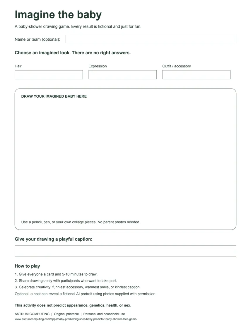 Printable Imagine the baby card with hair, expression, and outfit prompts, a large drawing area, and a caption field