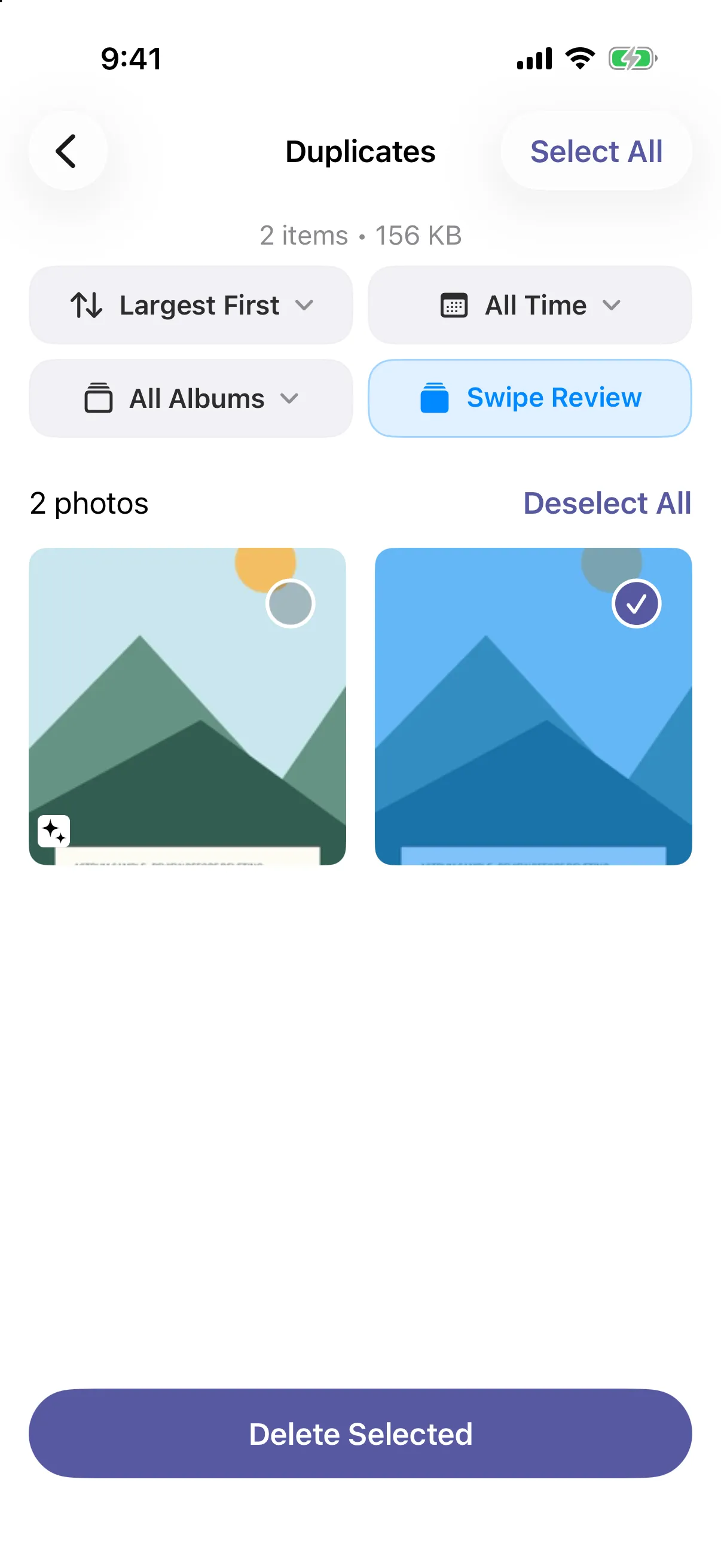 Phone Doctor Duplicates screen with one sample illustration selected for deletion