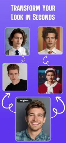 FaceSwap App Store artwork showing one original portrait and four AI-transformed looks