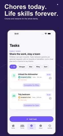 Sass Tax App Store artwork showing assigned family chores and completion controls