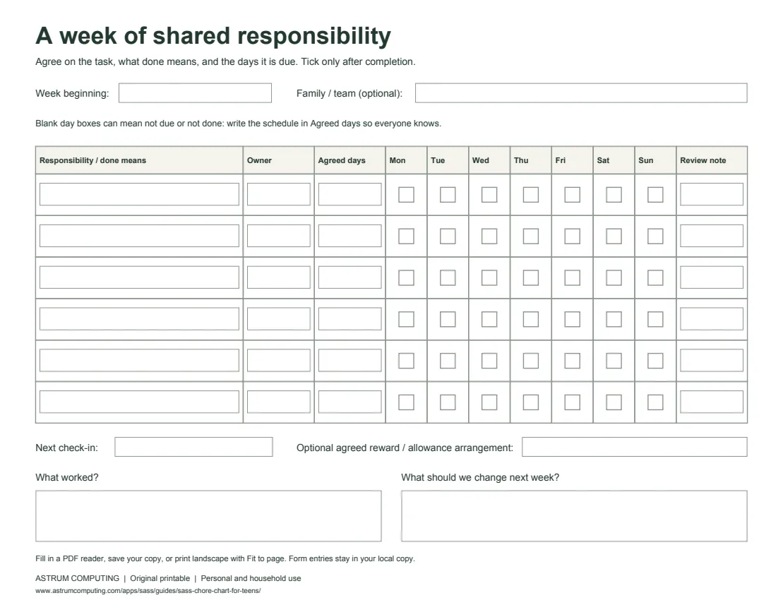 Preview of the blank weekly chore chart with responsibility, owner, agreed days, daily checkboxes, and review fields