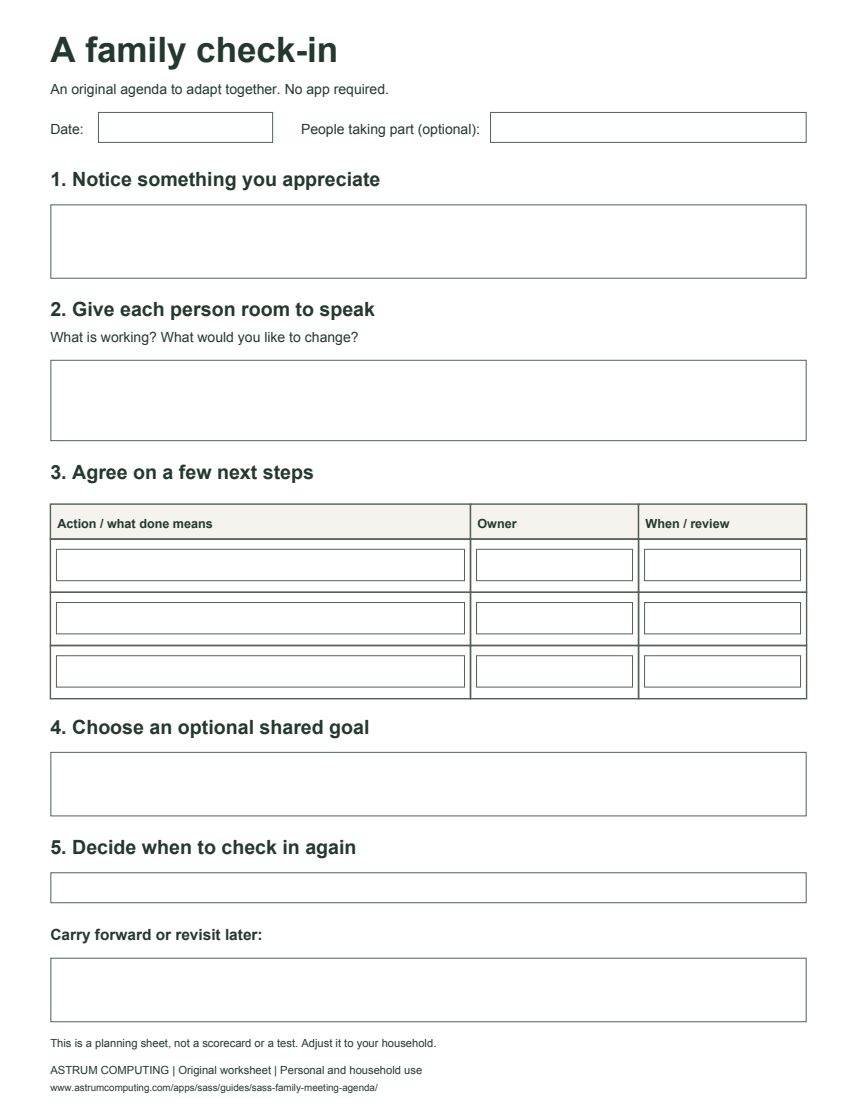 Original family meeting worksheet with appreciation, room for each person's view, three action rows, a shared goal, and a next check-in date