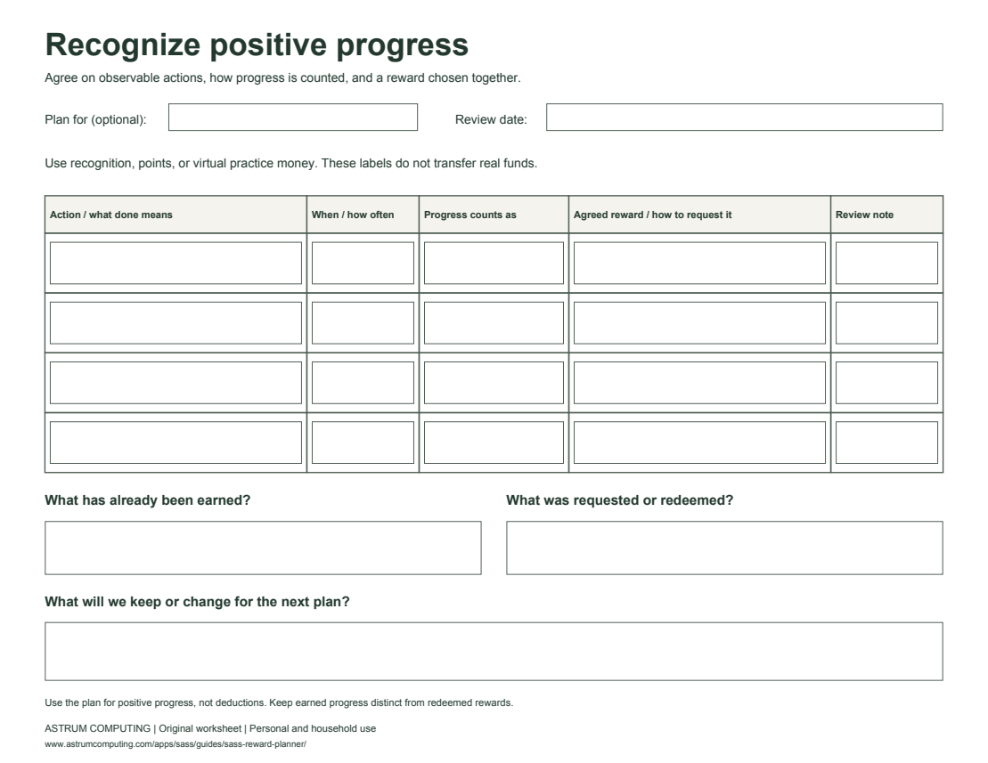 Blank reward planner showing actions, timing, how progress counts, agreed rewards, and separate spaces for earned and redeemed progress